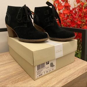 Clarks Lace Up Black Suede Booties